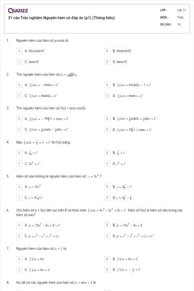 31 câu Trắc nghiệm Nguyên hàm có đáp án (p1) (Thông hiểu)