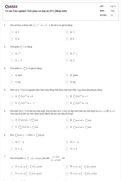 14 câu Trắc nghiệm Tích phân có đáp án (P1) (Nhận biết)
