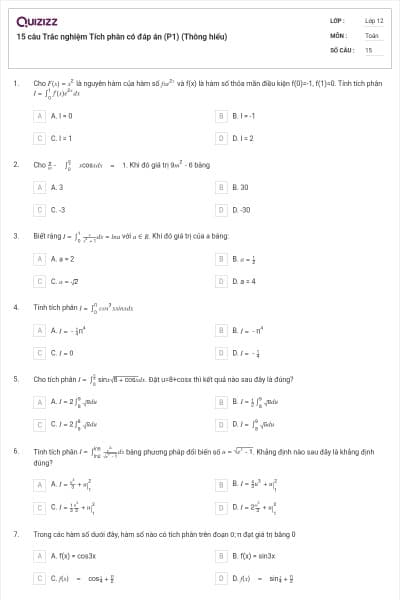 15 câu Trắc nghiệm Tích phân có đáp án (P1) (Thông hiểu)