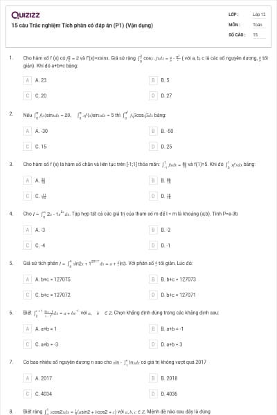 15 câu Trắc nghiệm Tích phân có đáp án (P1) (Vận dụng)
