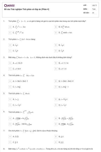 80 câu Trắc nghiệm Tích phân có đáp án (Phần 4)