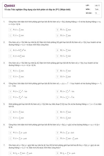 15 câu Trắc nghiệm Ứng dụng của tích phân có đáp án (P1) (Nhận biết)