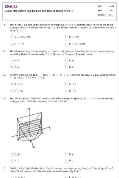 73 câu Trắc nghiệm Ứng dụng của tích phân có đáp án (Phần 1)