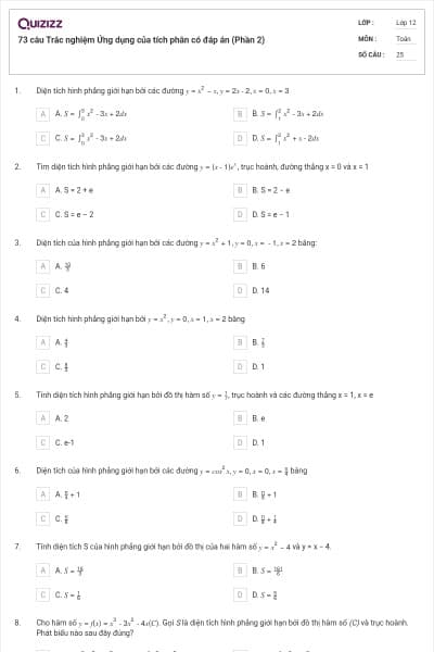 73 câu Trắc nghiệm Ứng dụng của tích phân có đáp án (Phần 2)