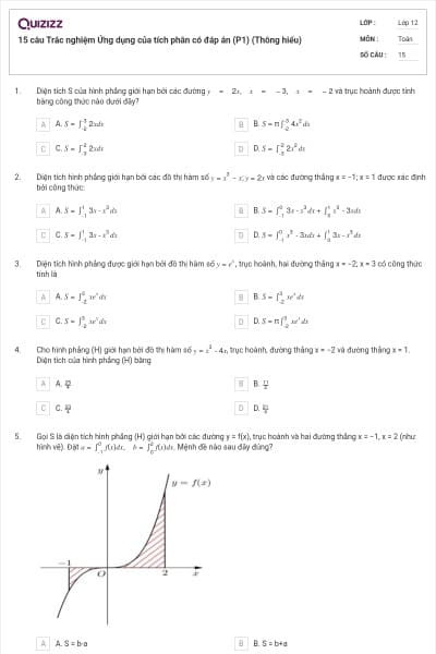 15 câu Trắc nghiệm Ứng dụng của tích phân có đáp án (P1) (Thông hiểu)