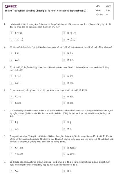 39 câu Trắc nghiệm tổng hợp Chương 2 : Tổ hợp - Xác suất có đáp án (Phần 2)