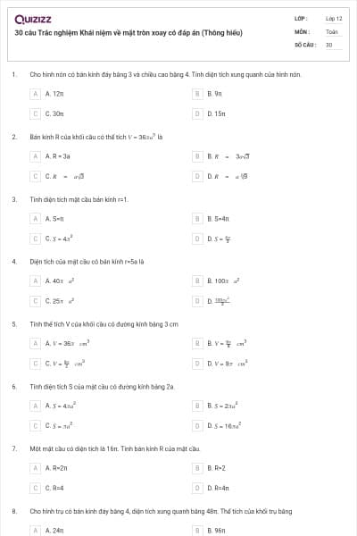 30 câu Trắc nghiệm Khái niệm về mặt tròn xoay có đáp án (Thông hiểu)
