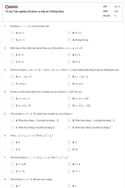 15 câu Trắc nghiệm Số phức có đáp án (Thông hiểu)