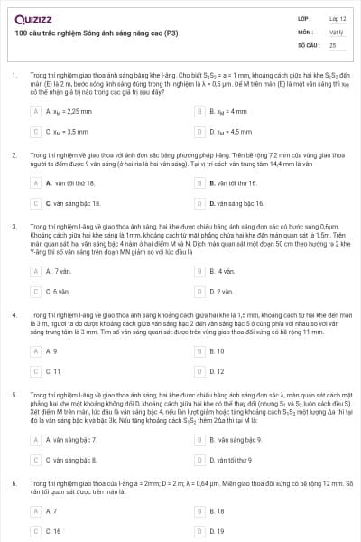 100 câu trắc nghiệm Sóng ánh sáng nâng cao (P3)