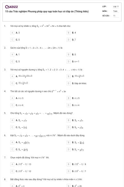 15 câu  Trắc nghiệm Phương pháp quy nạp toán học có đáp án (Thông hiểu)