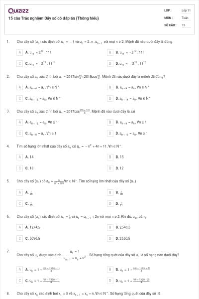 15 câu  Trắc nghiệm Dãy số có đáp án (Thông hiểu)