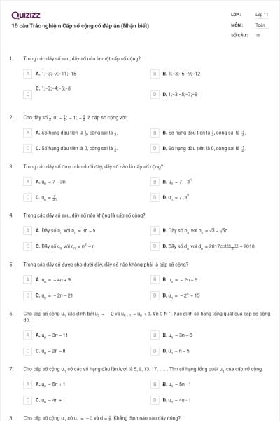 15 câu  Trắc nghiệm Cấp số cộng có đáp án (Nhận biết)