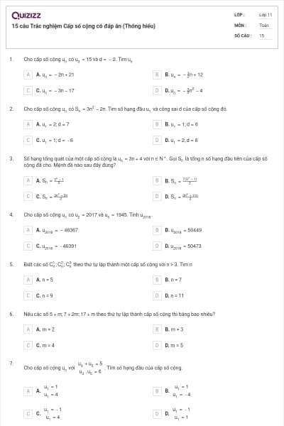 15 câu  Trắc nghiệm Cấp số cộng có đáp án (Thông hiểu)