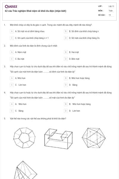 62 câu Trắc nghiệm Khái niệm về khối đa diện (nhận biết)