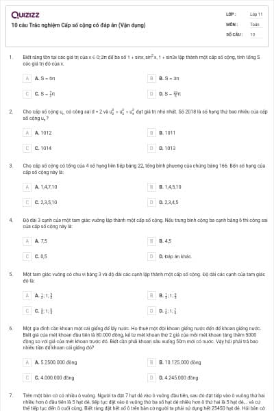 10 câu Trắc nghiệm Cấp số cộng có đáp án (Vận dụng)