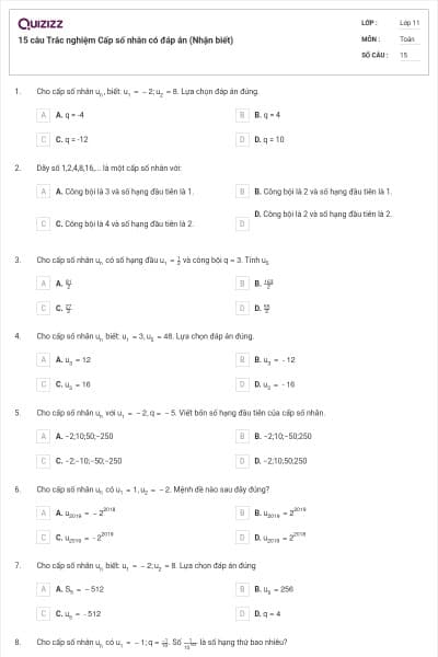 15 câu  Trắc nghiệm Cấp số nhân có đáp án (Nhận biết)