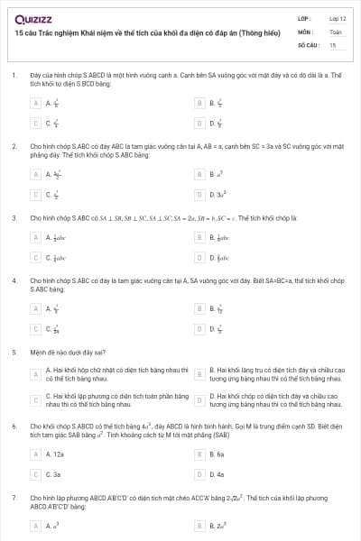 15 câu Trắc nghiệm Khái niệm về thể tích của khối đa diện có đáp án (Thông hiểu)