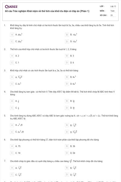 60 câu Trắc nghiệm Khái niệm về thể tích của khối đa diện có đáp án (Phần 1)
