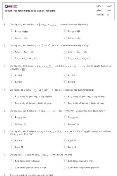 10 câu Trắc nghiệm Dãy số có đáp án (Vận dụng)
