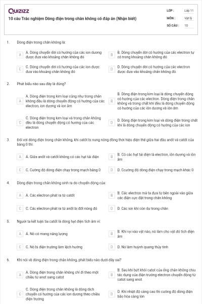 10 câu  Trắc nghiệm Dòng điện trong chân không có đáp án (Nhận biết)