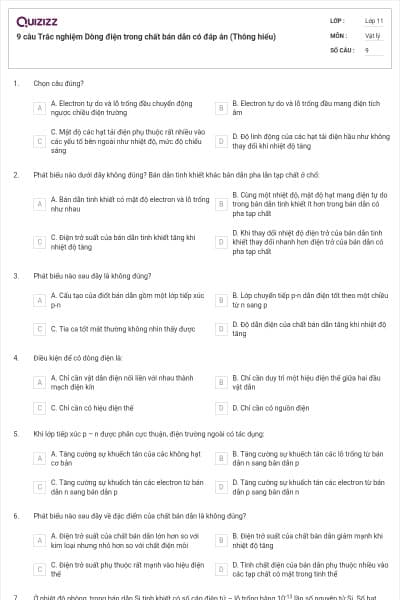 9 câu  Trắc nghiệm Dòng điện trong chất bán dẫn có đáp án (Thông hiểu)
