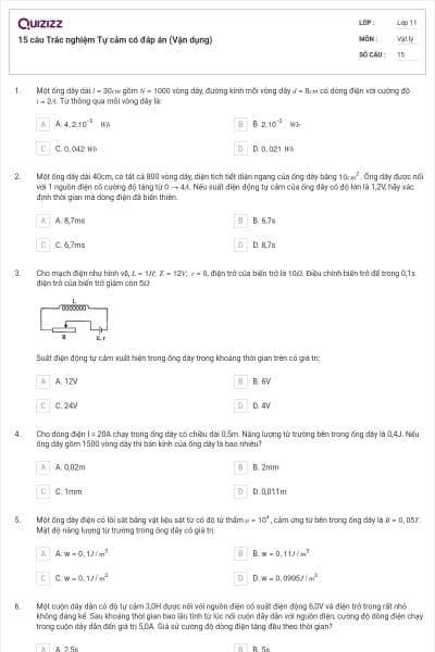 15 câu  Trắc nghiệm Tự cảm có đáp án (Vận dụng)