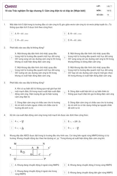 18 câu  Trắc nghiệm Ôn tập chương 5: Cảm ứng điện từ có đáp án (Nhận biết)