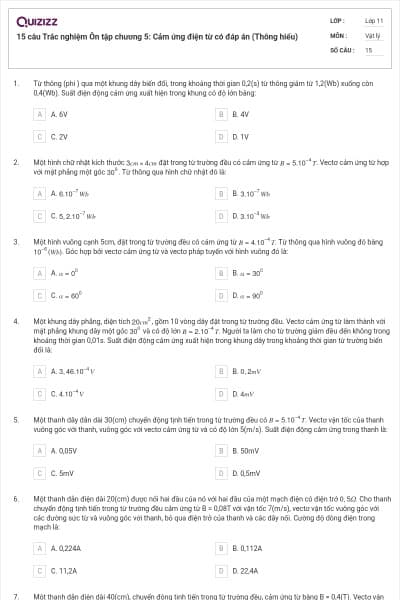 15 câu Trắc nghiệm Ôn tập chương 5: Cảm ứng điện từ có đáp án (Thông hiểu)