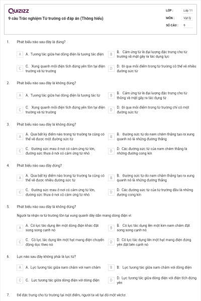 9 câu  Trắc nghiệm Từ trường có đáp án (Thông hiểu)