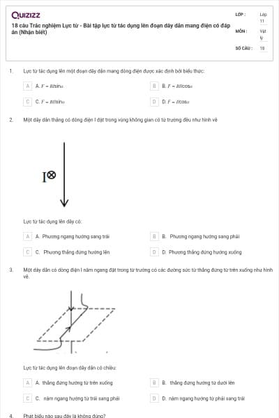 18 câu  Trắc nghiệm Lực từ - Bài tập lực từ tác dụng lên đoạn dây dẫn mang điện có đáp án (Nhận biết)