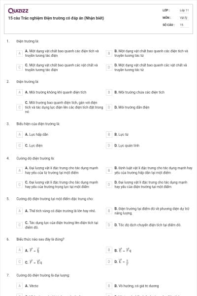 15 câu  Trắc nghiệm Điện trường có đáp án (Nhận biết)