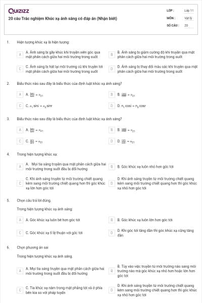 20 câu  Trắc nghiệm Khúc xạ ánh sáng có đáp án (Nhận biết)