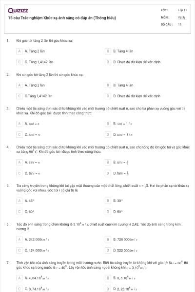 15 câu  Trắc nghiệm Khúc xạ ánh sáng có đáp án (Thông hiểu)