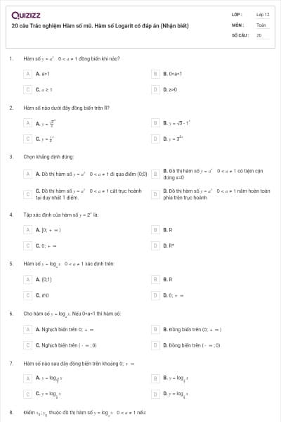20 câu Trắc nghiệm Hàm số mũ. Hàm số Logarit có đáp án (Nhận biết)