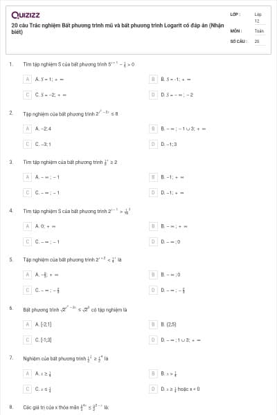 20 câu Trắc nghiệm Bất phương trình mũ và bất phương trình Logarit có đáp án (Nhận biết)
