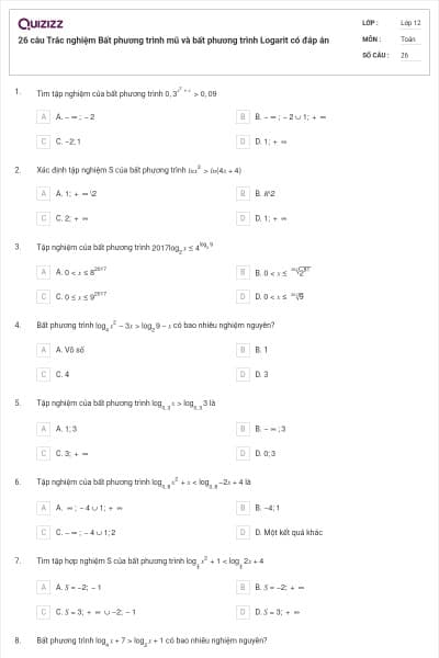 26 câu Trắc nghiệm Bất phương trình mũ và bất phương trình Logarit có đáp án