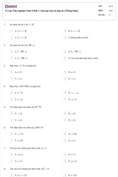 12 câu Trắc nghiệm Toán 9 Bài 1: Căn bậc hai có đáp án (Thông hiểu)