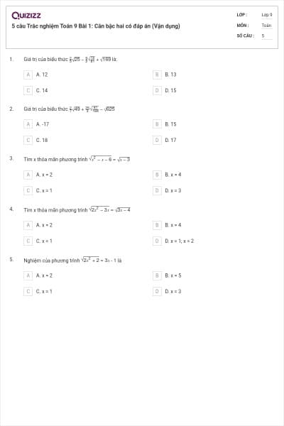 5 câu Trắc nghiệm Toán 9 Bài 1: Căn bậc hai có đáp án (Vận dụng)