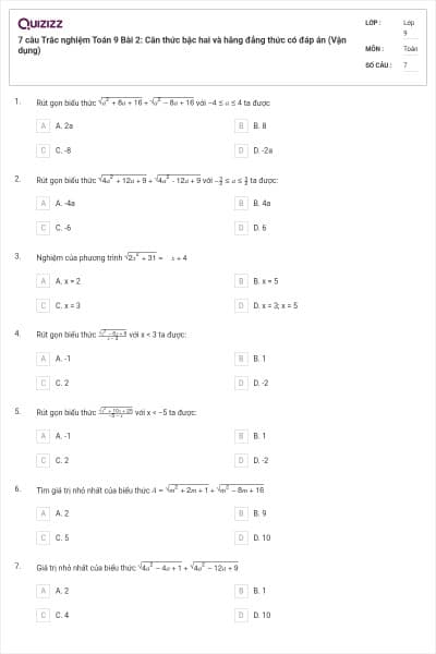 7 câu Trắc nghiệm Toán 9 Bài 2: Căn thức bậc hai và hằng đẳng thức có đáp án (Vận dụng)
