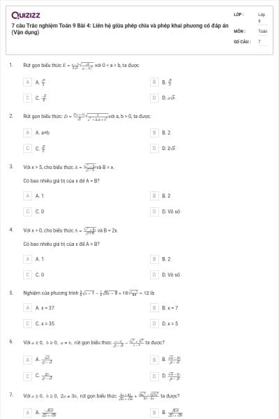 7 câu Trắc nghiệm Toán 9 Bài 4: Liên hệ giữa phép chia và phép khai phương có đáp án (Vận dụng)