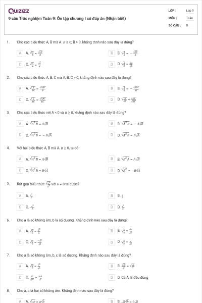 9 câu Trắc nghiệm Toán 9: Ôn tập chương I có đáp án (Nhận biết)