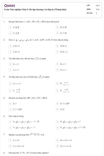 8 câu Trắc nghiệm Toán 9: Ôn tập chương I có đáp án (Thông hiểu)