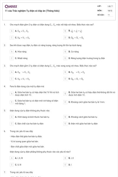 11 câu Trắc nghiệm Tụ điện có đáp án (Thông hiểu)