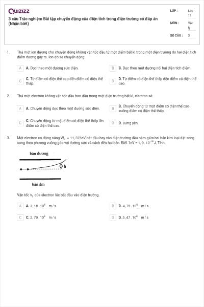 3 câu Trắc nghiệm Bài tập chuyển động của điện tích trong điện trường có đáp án (Nhận biết)