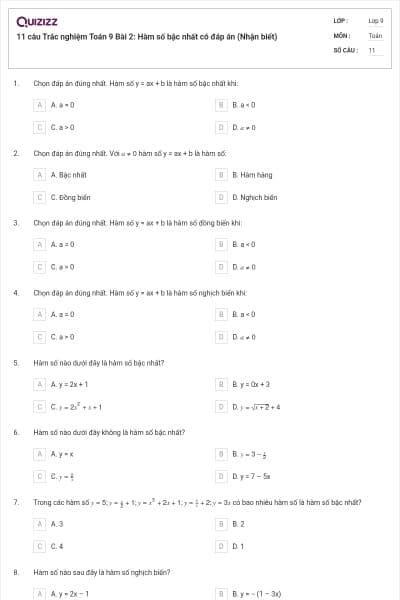 11 câu Trắc nghiệm Toán 9 Bài 2: Hàm số bậc nhất có đáp án (Nhận biết)