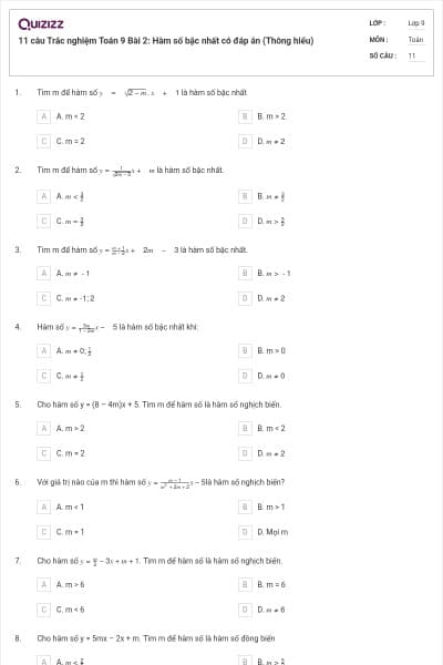 11 câu Trắc nghiệm Toán 9 Bài 2: Hàm số bậc nhất có đáp án (Thông hiểu)