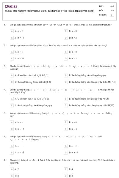 16 câu Trắc nghiệm Toán 9 Bài 3: Đồ thị của hàm số y = ax + b có đáp án (Vận dụng)