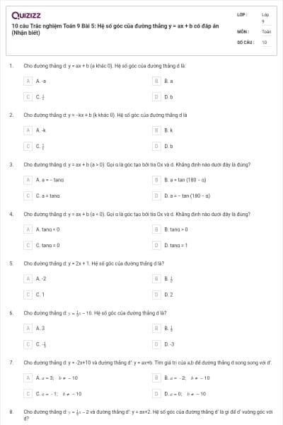 10 câu Trắc nghiệm Toán 9 Bài 5: Hệ số góc của đường thẳng y = ax + b có đáp án (Nhận biết)