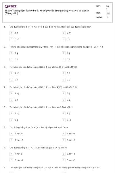 10 câu Trắc nghiệm Toán 9 Bài 5: Hệ số góc của đường thẳng y = ax + b có đáp án (Thông hiểu)