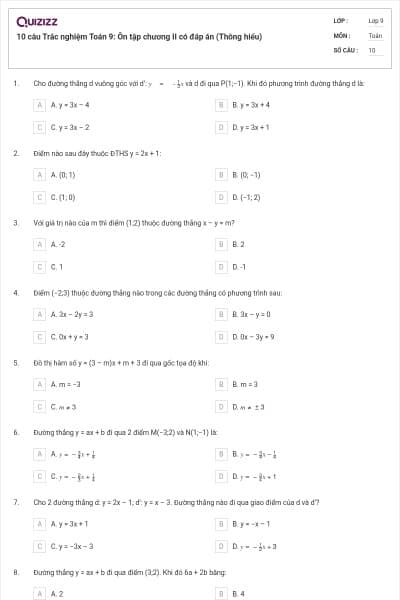 10 câu Trắc nghiệm Toán 9: Ôn tập chương II có đáp án (Thông hiểu)